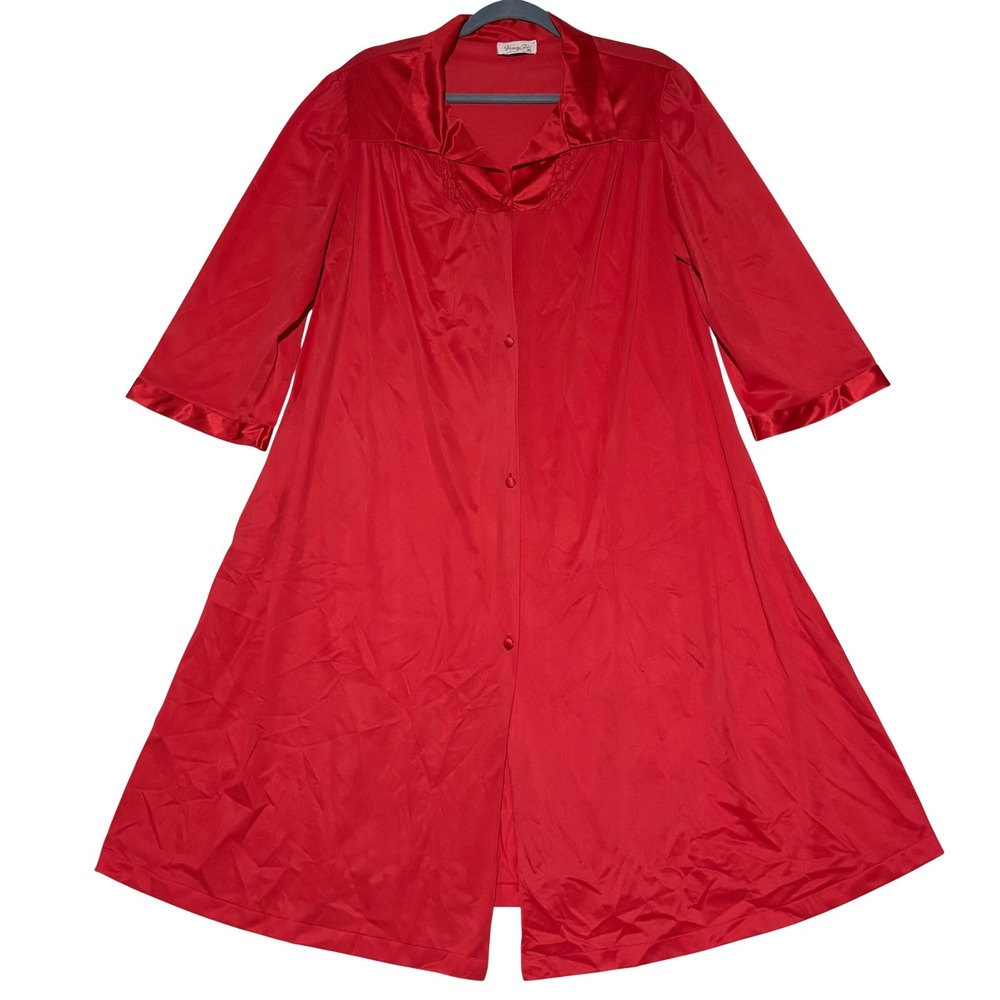 VTG Vanity Fair Nightgown Womens XL Red Button Front Embroidered Retro Silky